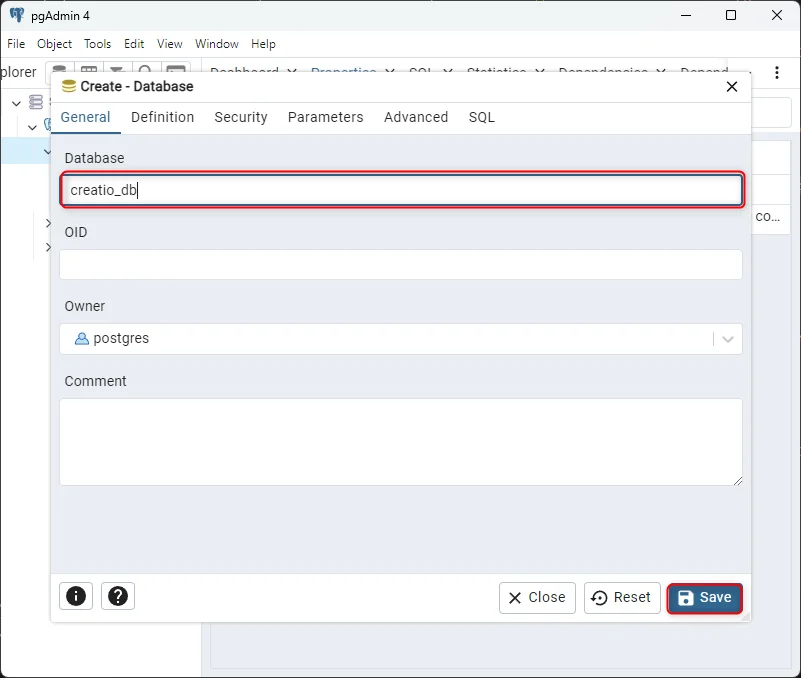 pgAdmin Create Database dialog with name field