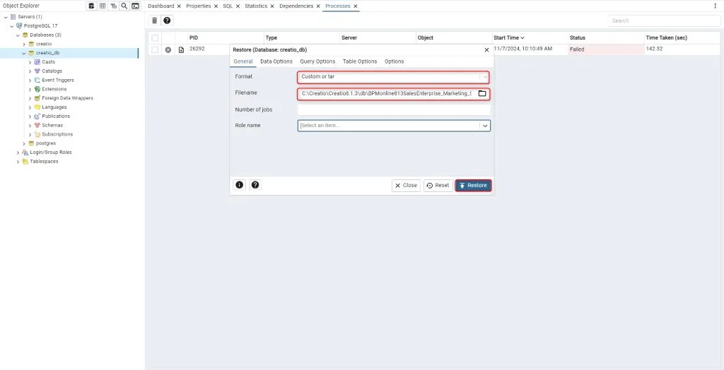 pgAdmin Restore dialog with Format Custom and Filename selected