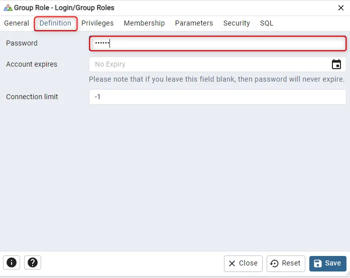 pgAdmin role Definition tab with Password and Connection Limit fields