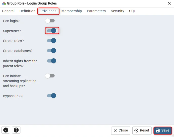 pgAdmin role Privileges tab with Login and Superuser toggles