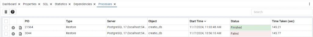 pgAdmin Process showing Restore completed successfully message