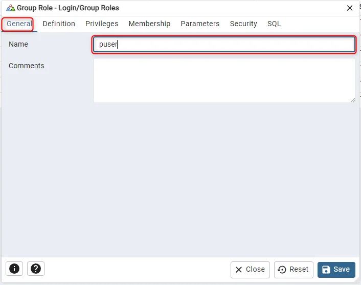 pgAdmin Create Login/Group Role General tab with Name field