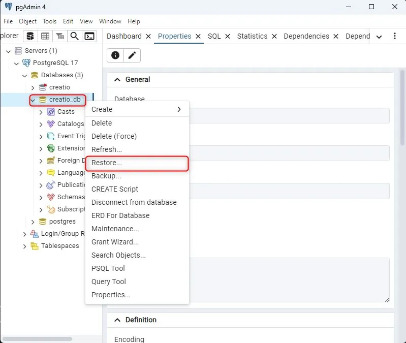 pgAdmin database right-click context menu with Restore option