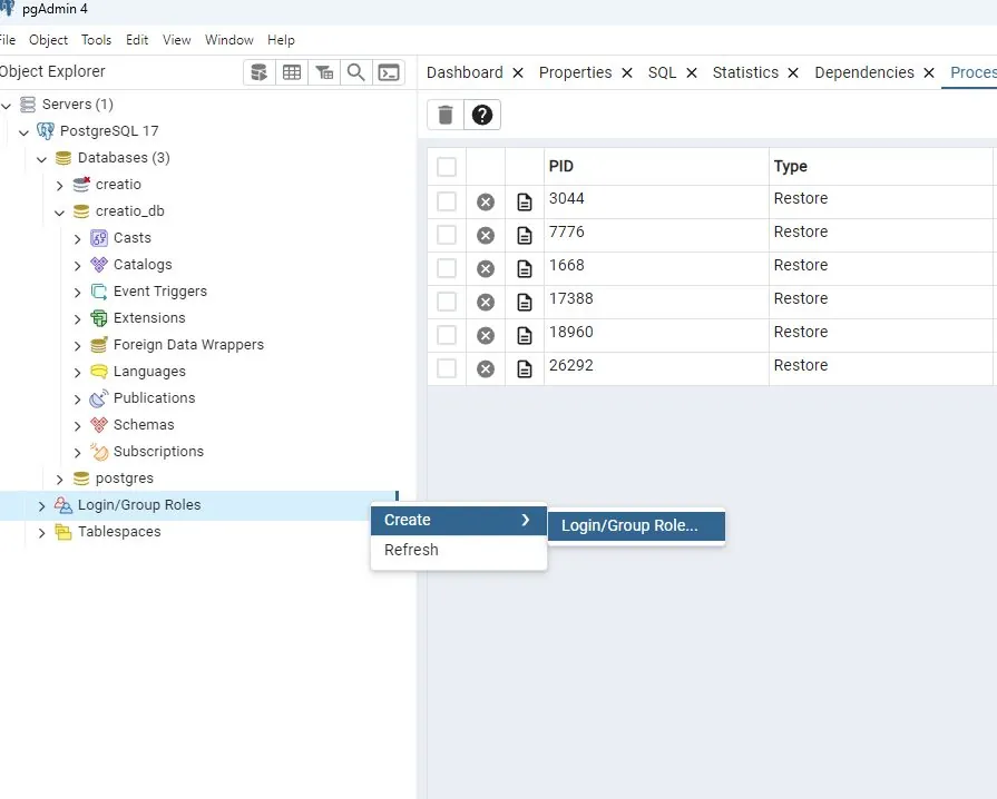 pgAdmin Login/Group Roles right-click Create menu