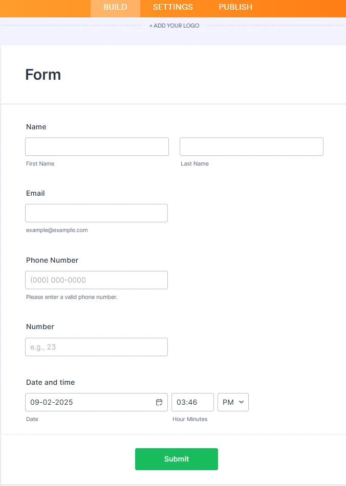 Jotform form builder with Lead Name, Email, and Phone fields