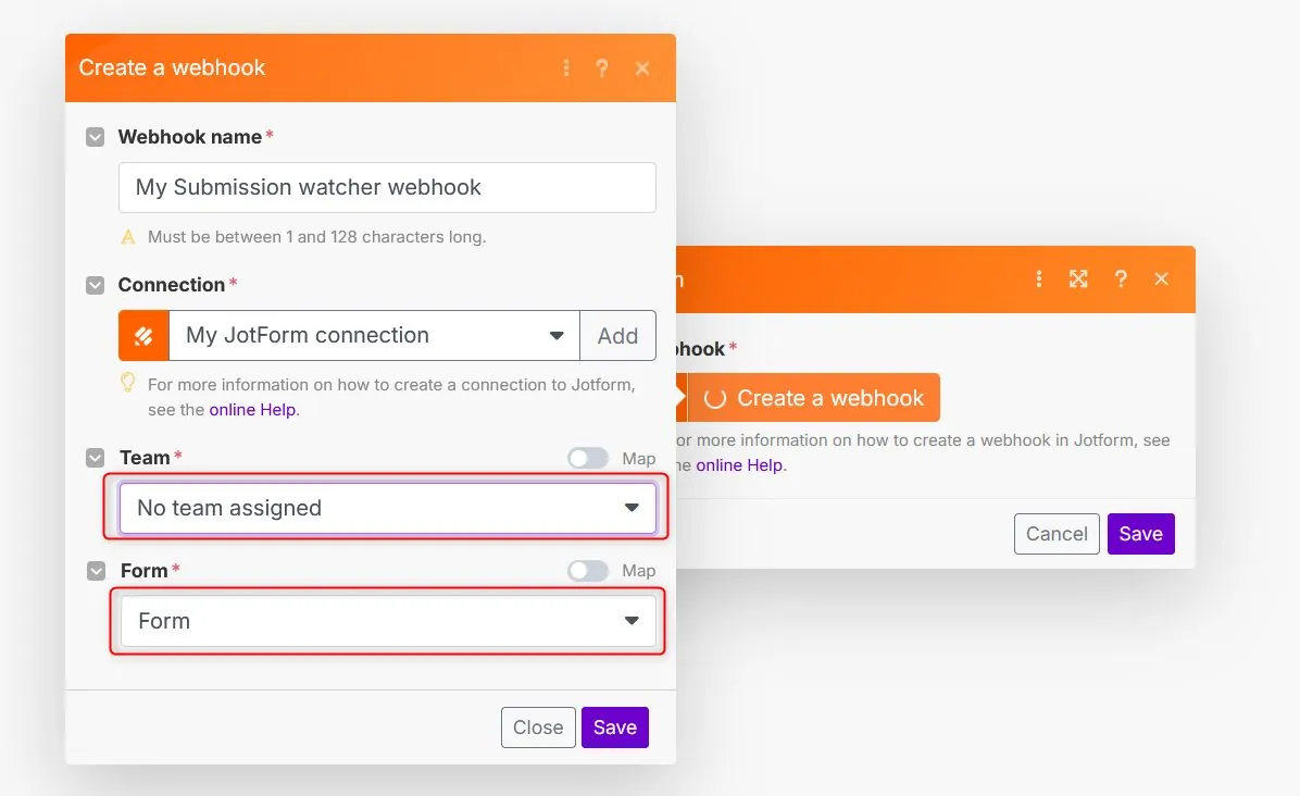 Make.com Team and Form dropdowns selecting Jotform trigger source