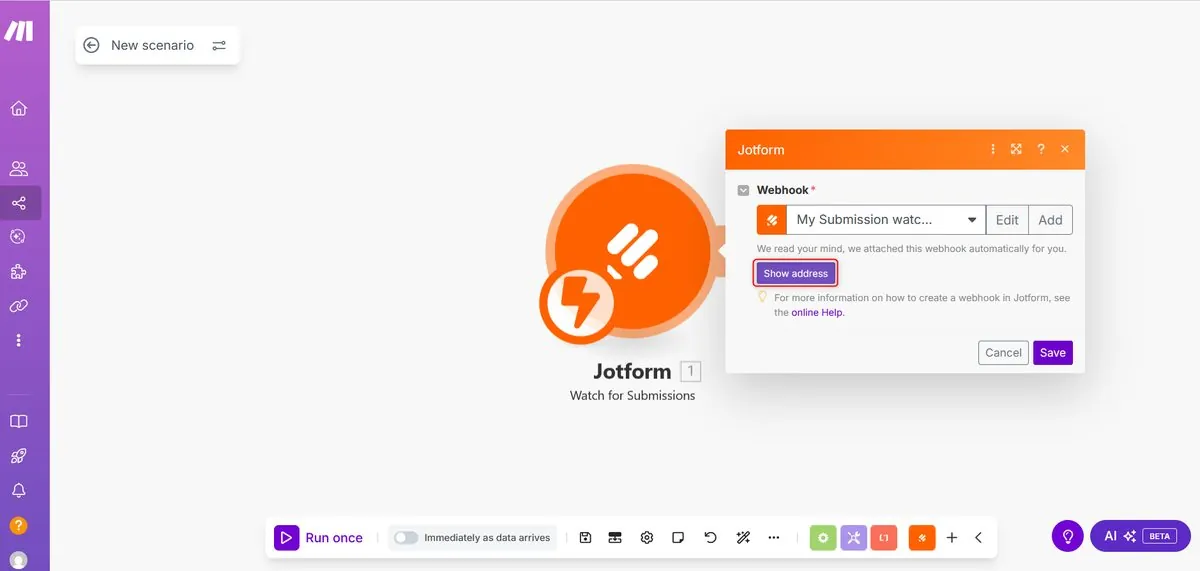 Make scenario canvas showing auto-generated webhook for Jotform