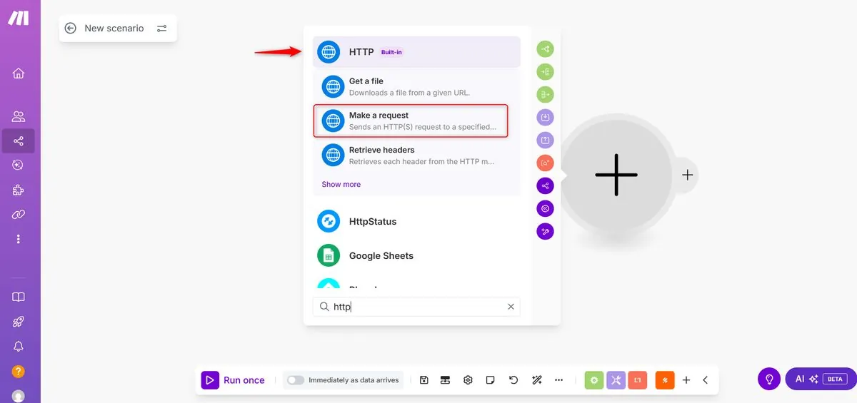 Make.com module picker selecting HTTP Make a Request action
