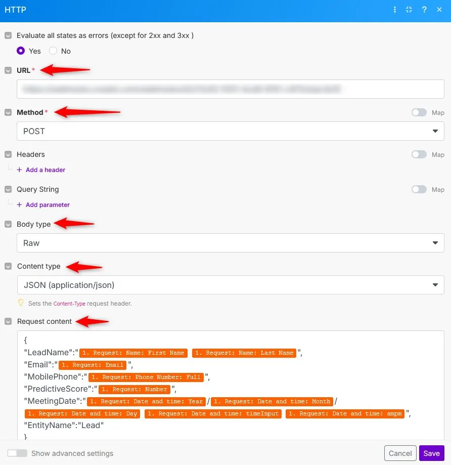 Make HTTP module with Creatio webhook URL and JSON body mapping