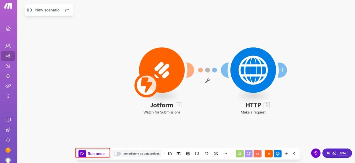 Make.com Run Once button starting a one-time scenario test