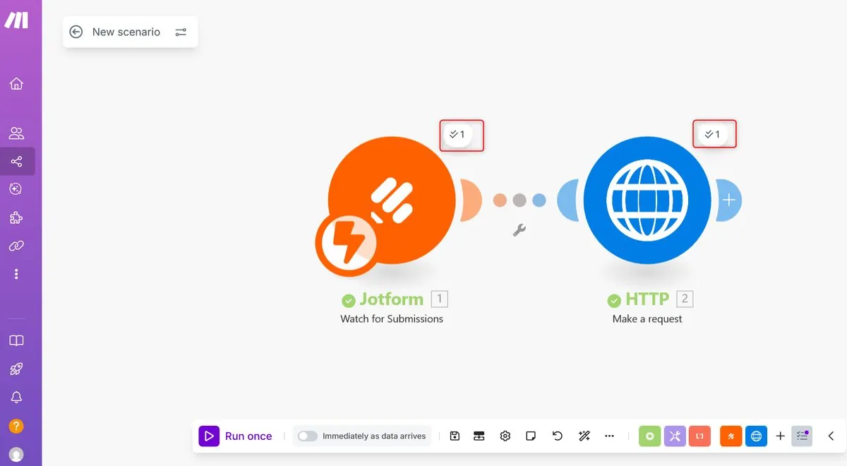 Make scenario with checkmarks on Jotform and HTTP modules