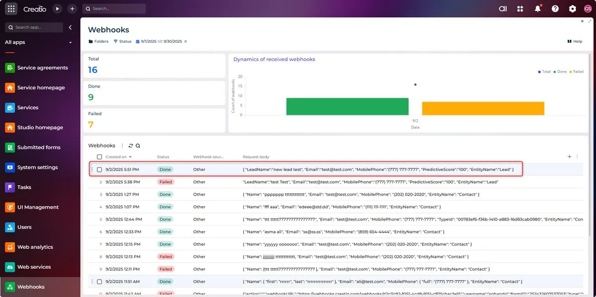 Creatio webhook request log confirming Jotform submission received