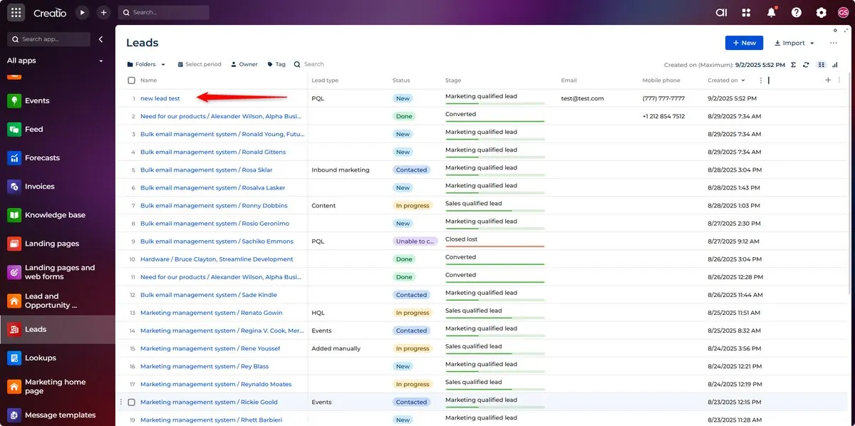 New Lead record automatically created in Creatio CRM Lead section