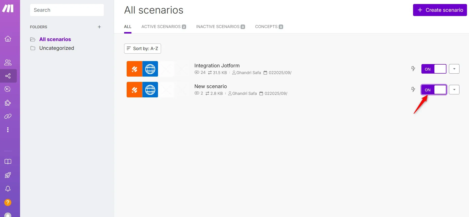 Make.com scenario On/Off toggle switched On to activate live runs