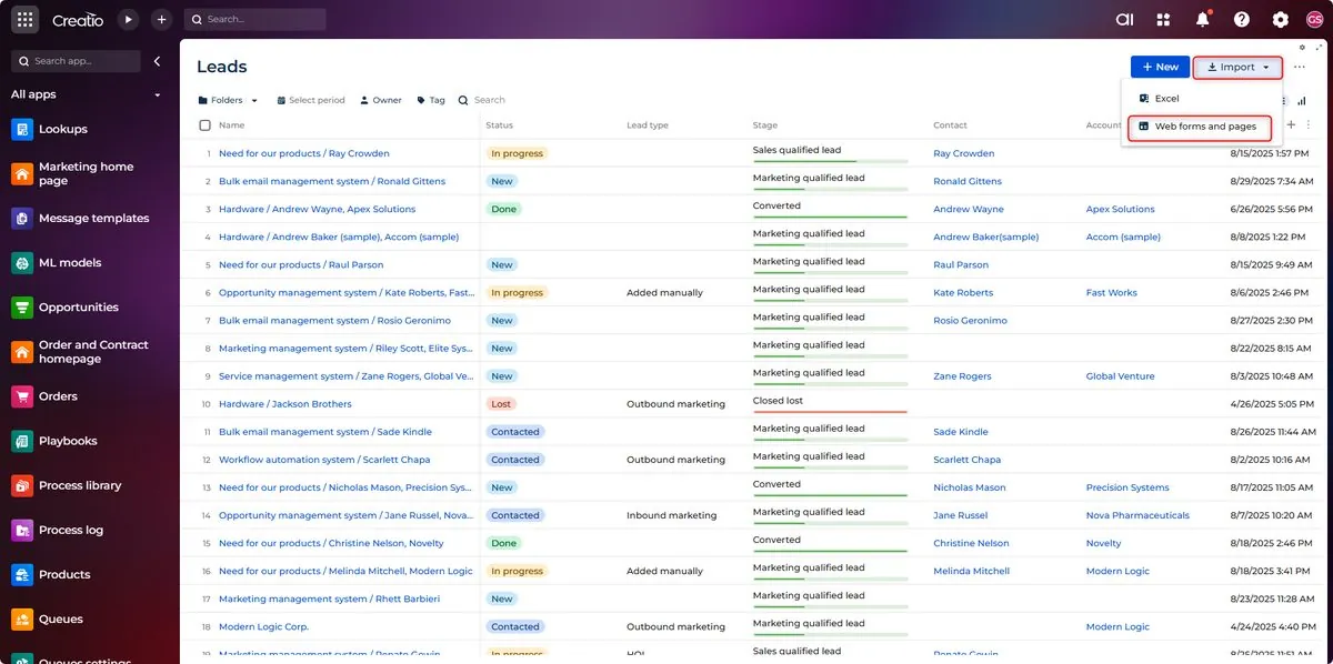 Creatio Lead Import dropdown showing Web forms and pages option