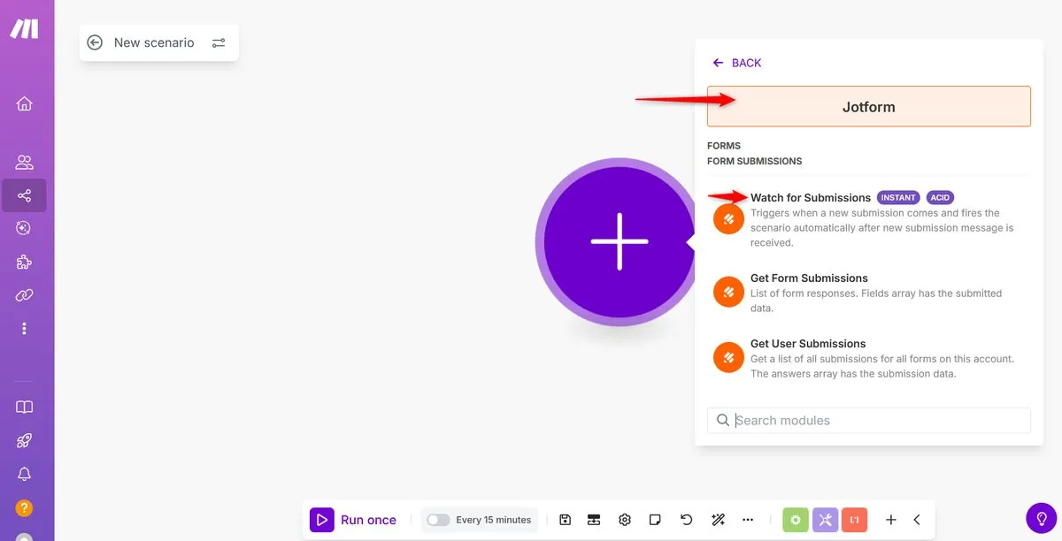 Make module picker selecting Jotform Watch for Submissions trigger