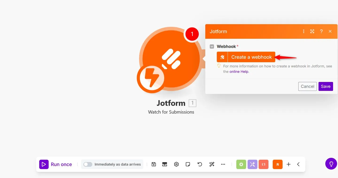 Make.com Create Webhook button for the Jotform trigger module