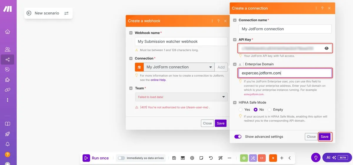 Make Jotform connection dialog with API key and domain fields