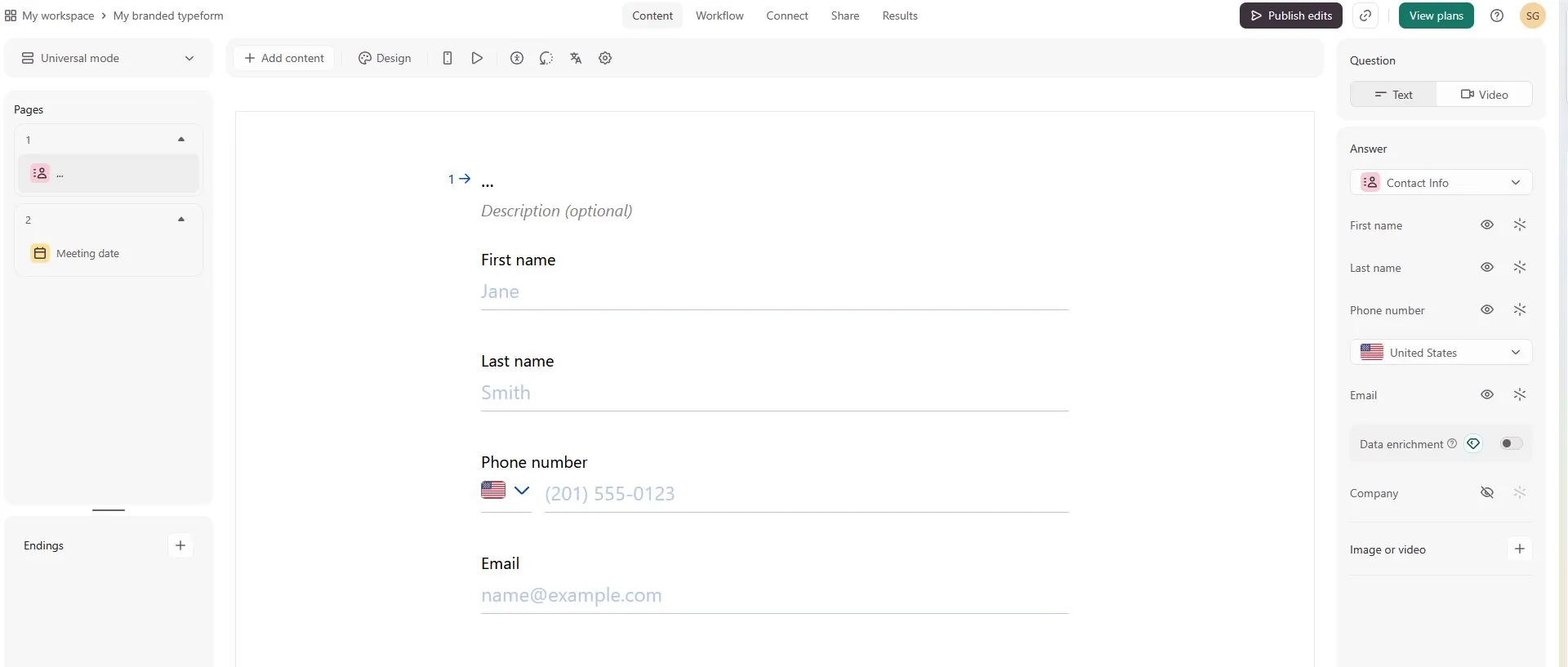 Typeform builder with Lead Name, Email, and Phone question fields