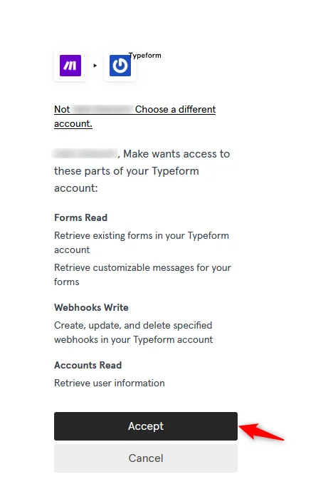 Typeform OAuth pop-up granting Make access with Accept button
