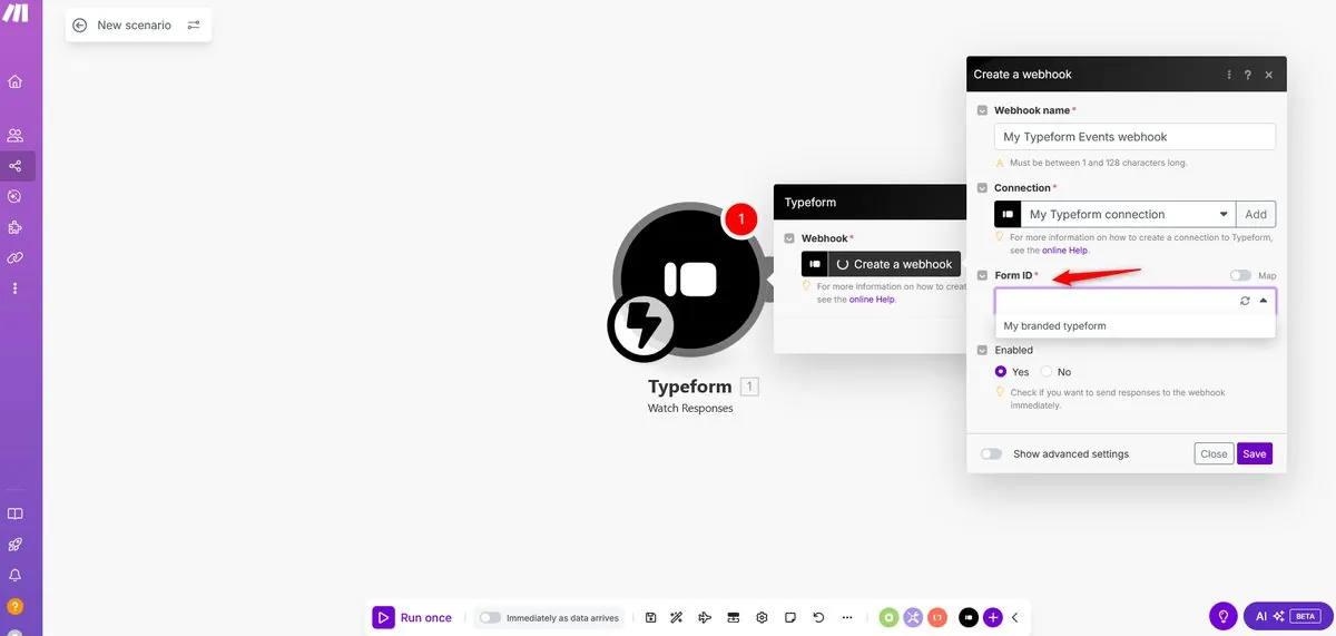 Make.com Form ID dropdown selecting the Typeform to monitor