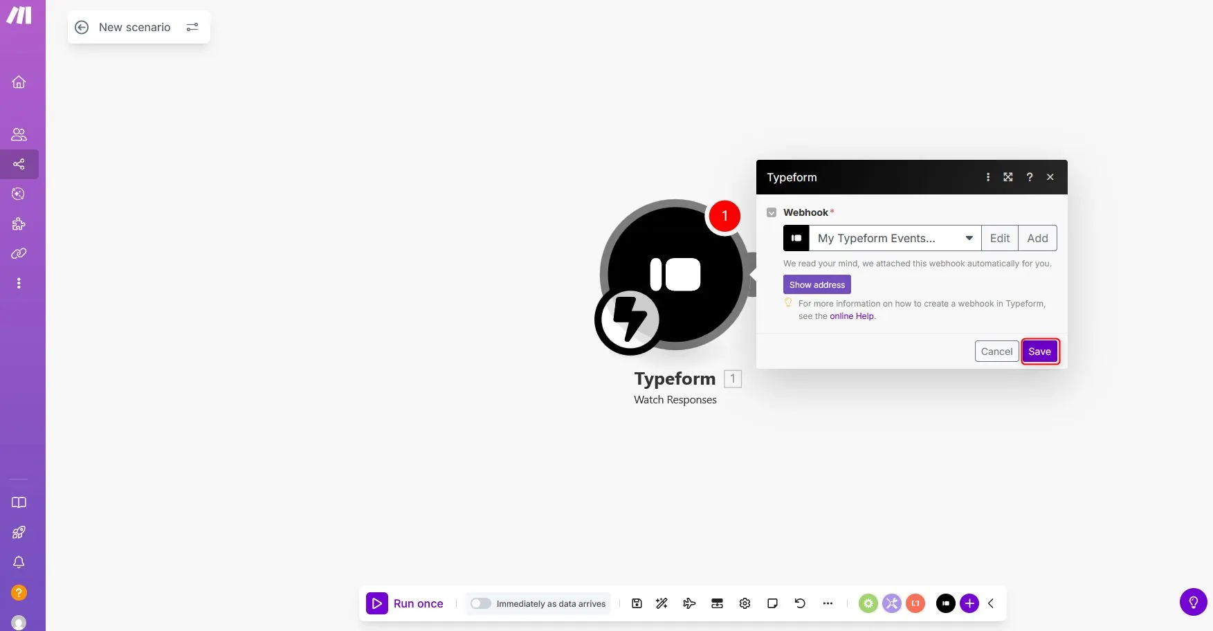 Make.com confirmation that Typeform connection was saved successfully