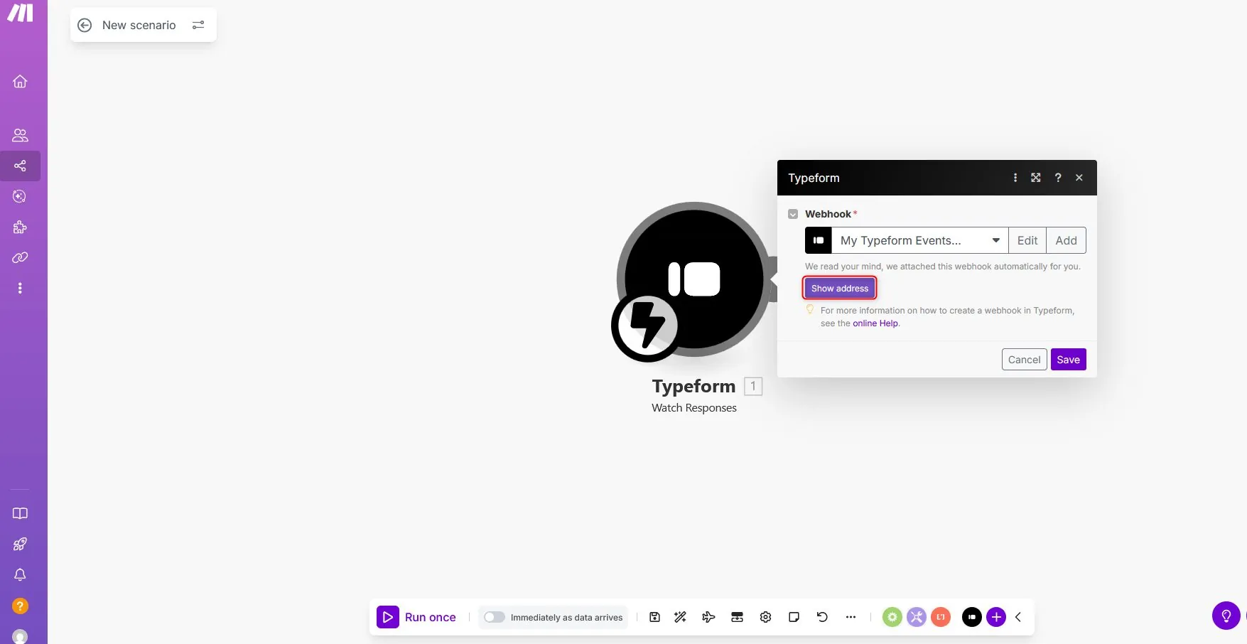 Make scenario canvas showing auto-generated Typeform webhook URL