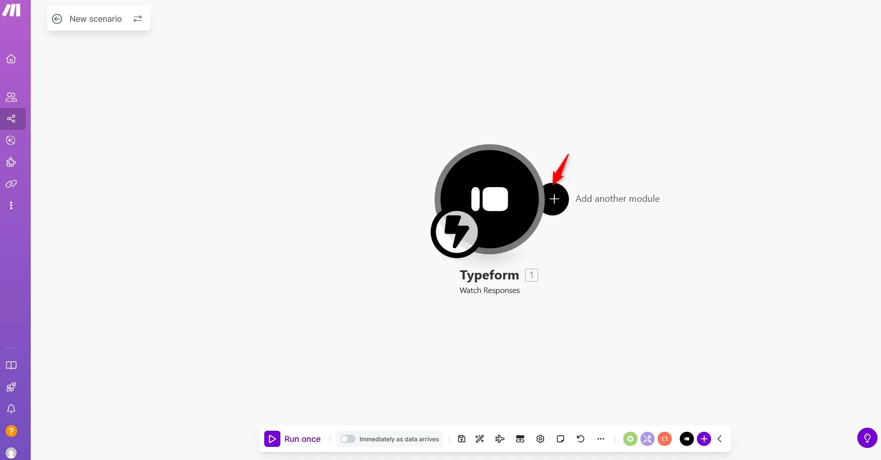 Make.com plus icon adding a second module after Typeform trigger