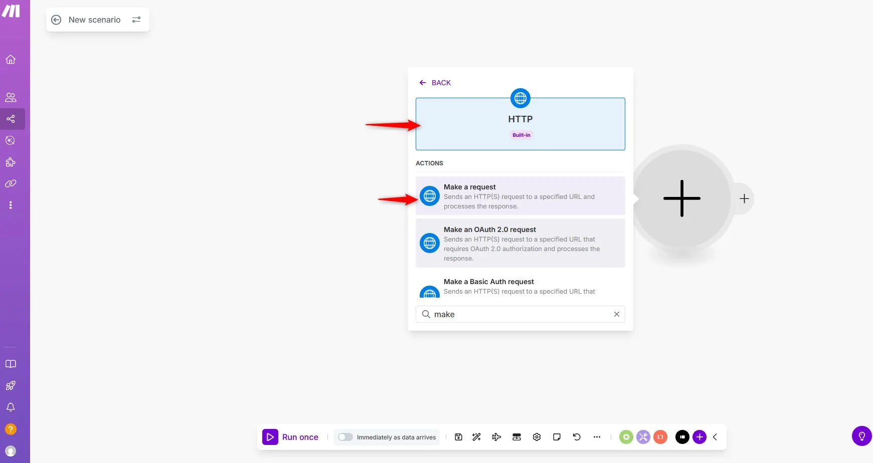 Make module picker selecting HTTP Make a Request action