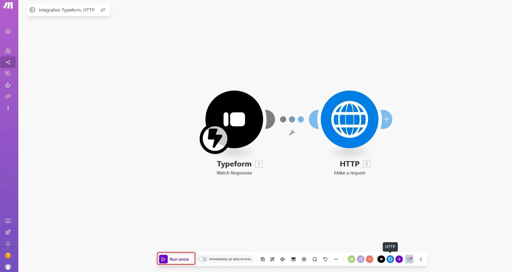 Make.com Run Once button starting a one-time scenario test