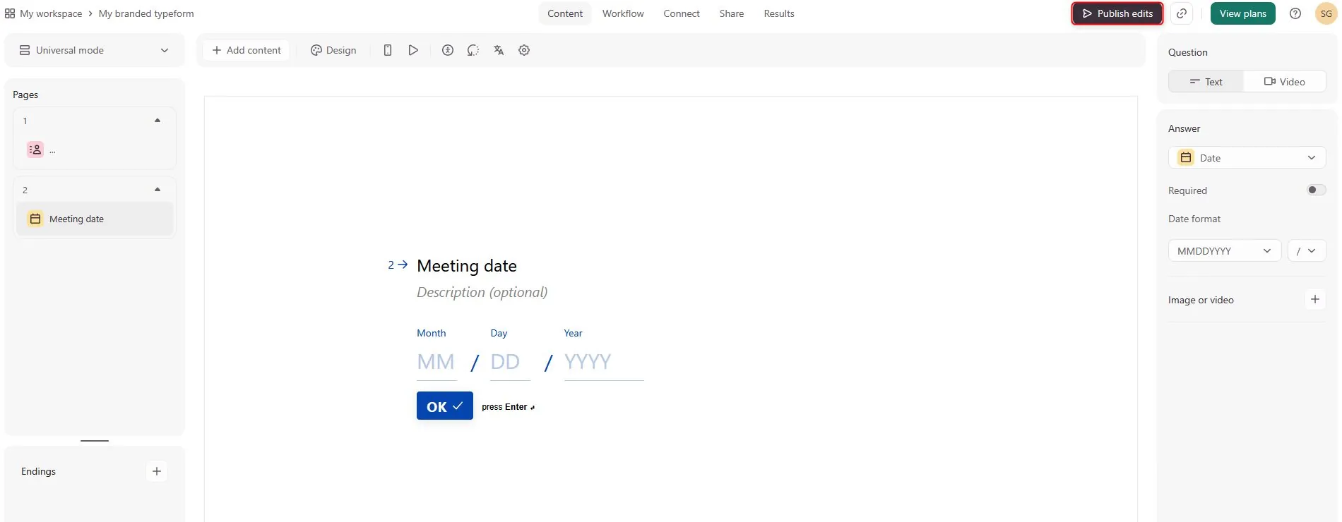 Typeform Share Publish edits button to publish the live form