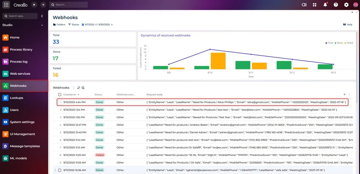 Creatio webhook request log confirming Typeform submission received