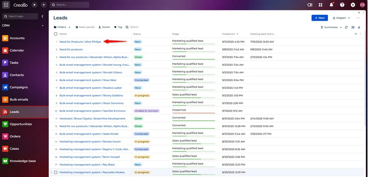 New Lead record automatically created in Creatio CRM Lead section