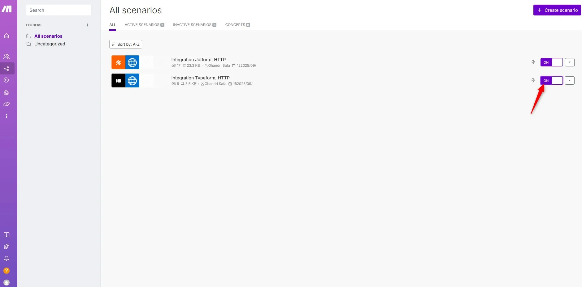 Make.com scenario On/Off toggle switched On for live runs