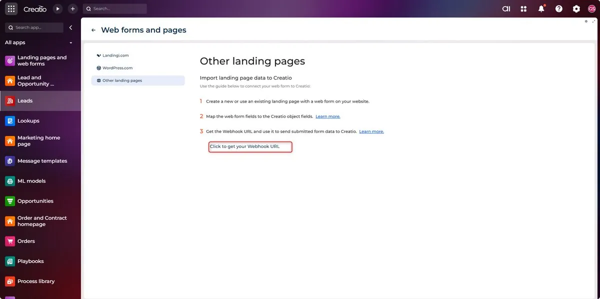 Creatio Get your webhook URL button on web form integrations page