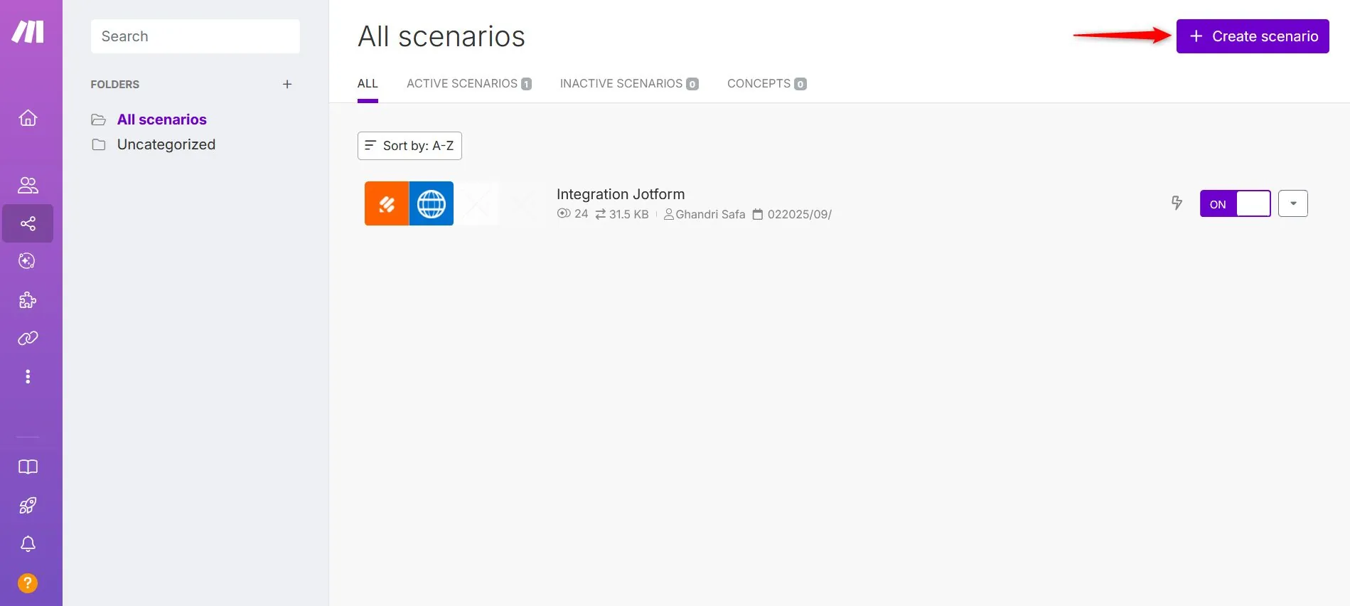 Make.com Scenarios page with Create a New Scenario button