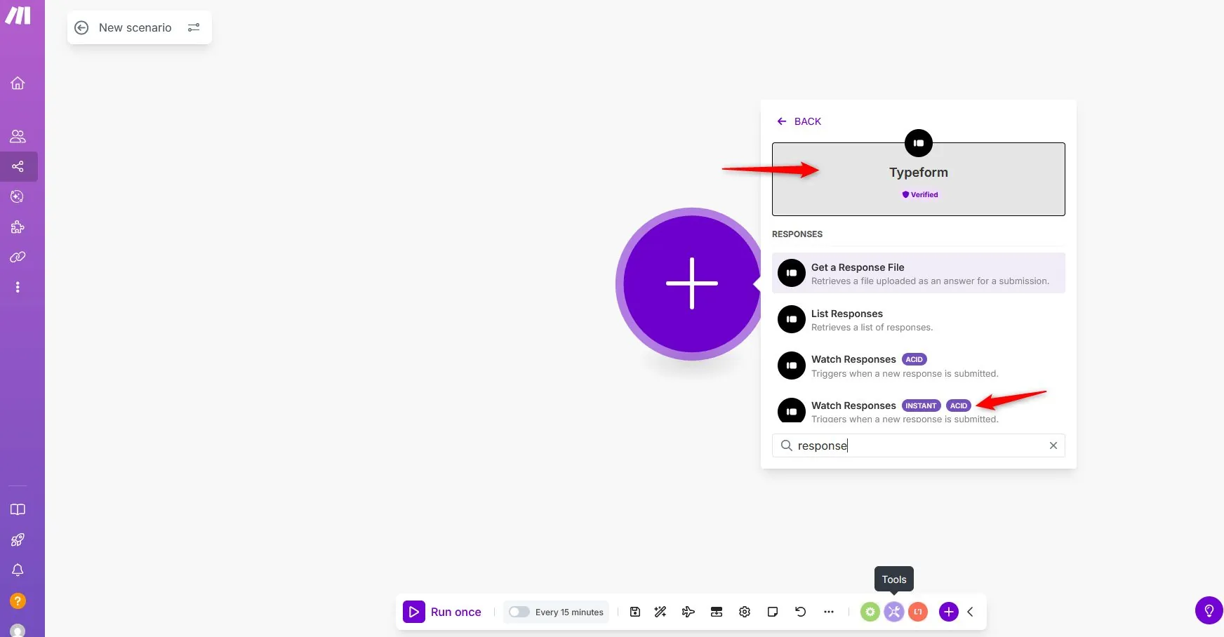 Make module picker selecting Typeform Watch Responses trigger