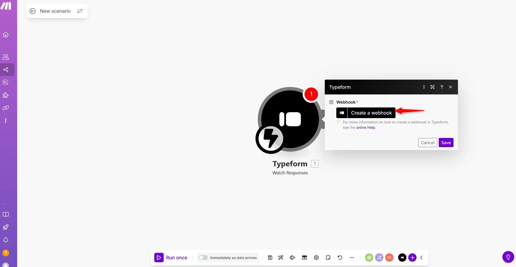 Make.com Create Webhook button on Typeform trigger configuration