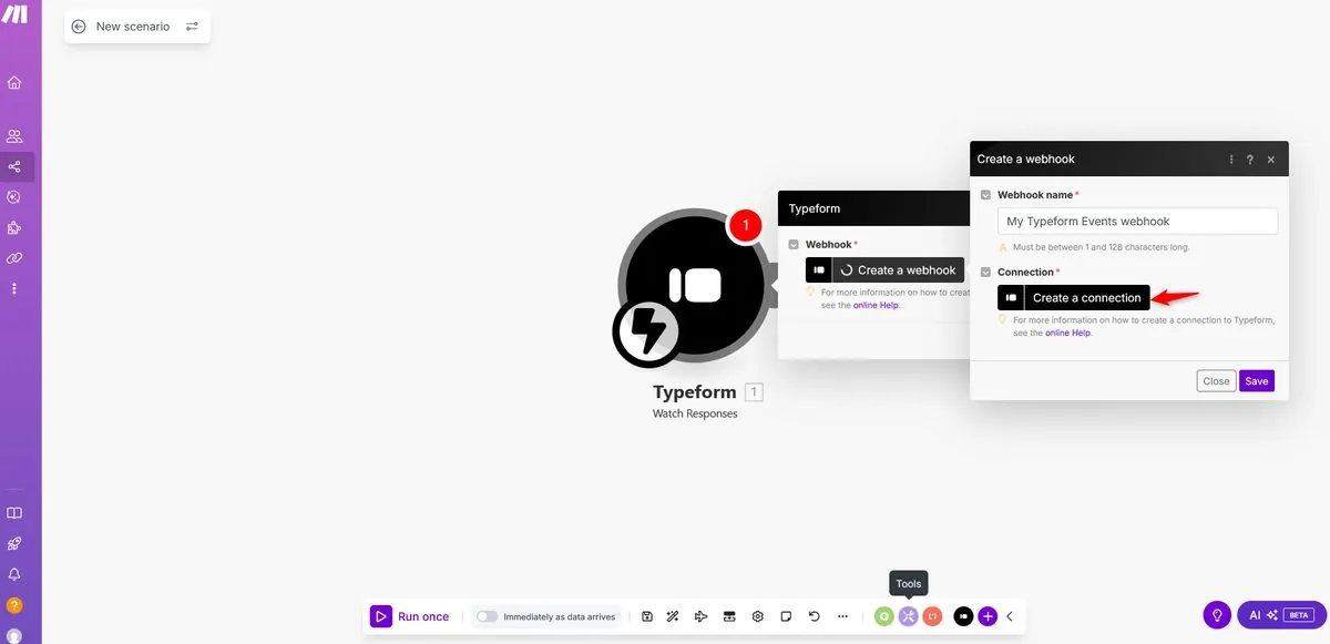 Make Create a connection dialog for new Typeform account link