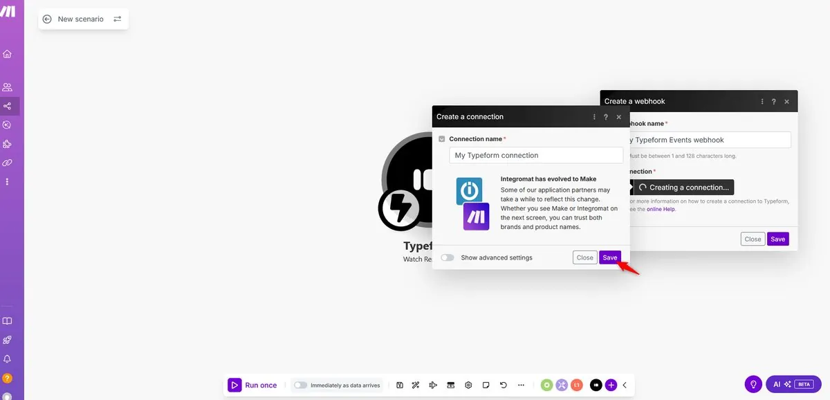 Make.com Save button confirming Typeform connection settings